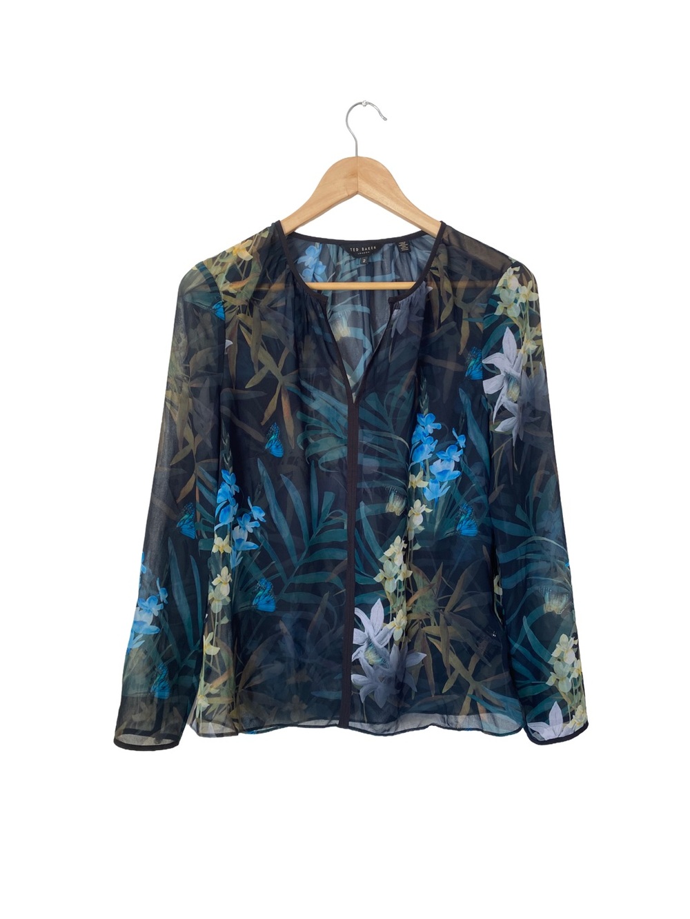 Ted Baker | Y2K Sheer Butterflies and Floral Blue & Green Long Sleeve Top 🦋🌼